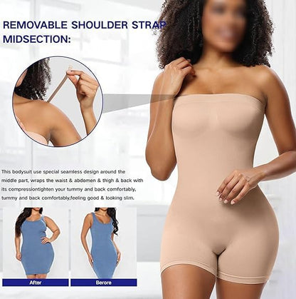 Womens Seamless Tummy Control Shapewear Bodysuit - Adjustable Strap Slimming Body Shaper with Shorts Full Body Compression for Under Dresses
