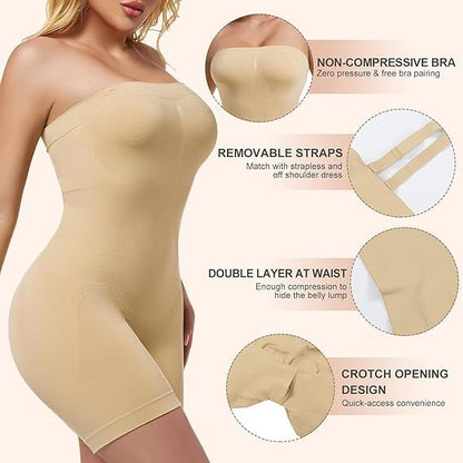 Womens Seamless Tummy Control Shapewear Bodysuit - Adjustable Strap Slimming Body Shaper with Shorts Full Body Compression for Under Dresses