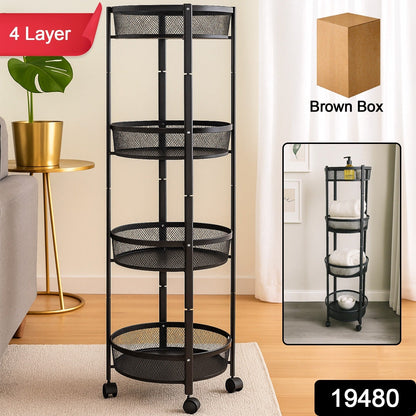 4-Layer Round Metal Folding Storage Trolley with Mesh Baskets and Wheels – Multi-Purpose Organizer Rack (1 Pc)